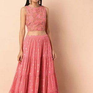 Pink Coral Mesh Glitter Lehenga Maxi Skirt and Boat Neck Embroidered Top, Size M